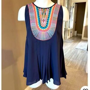 Ranna Gill Anthropologie Navy Bib Sleeveless Blouse L